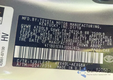 2018 Toyota Avalon Hybrid Xle z USA, uszkodzony, nr VIN 4T1BD1EB9JU063875